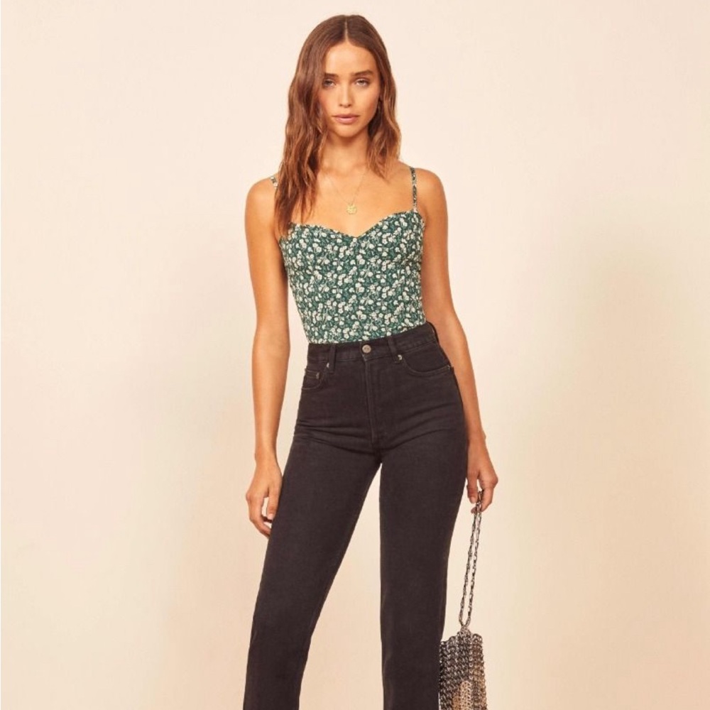 Reformation Green Floral Sweetheart Camisole